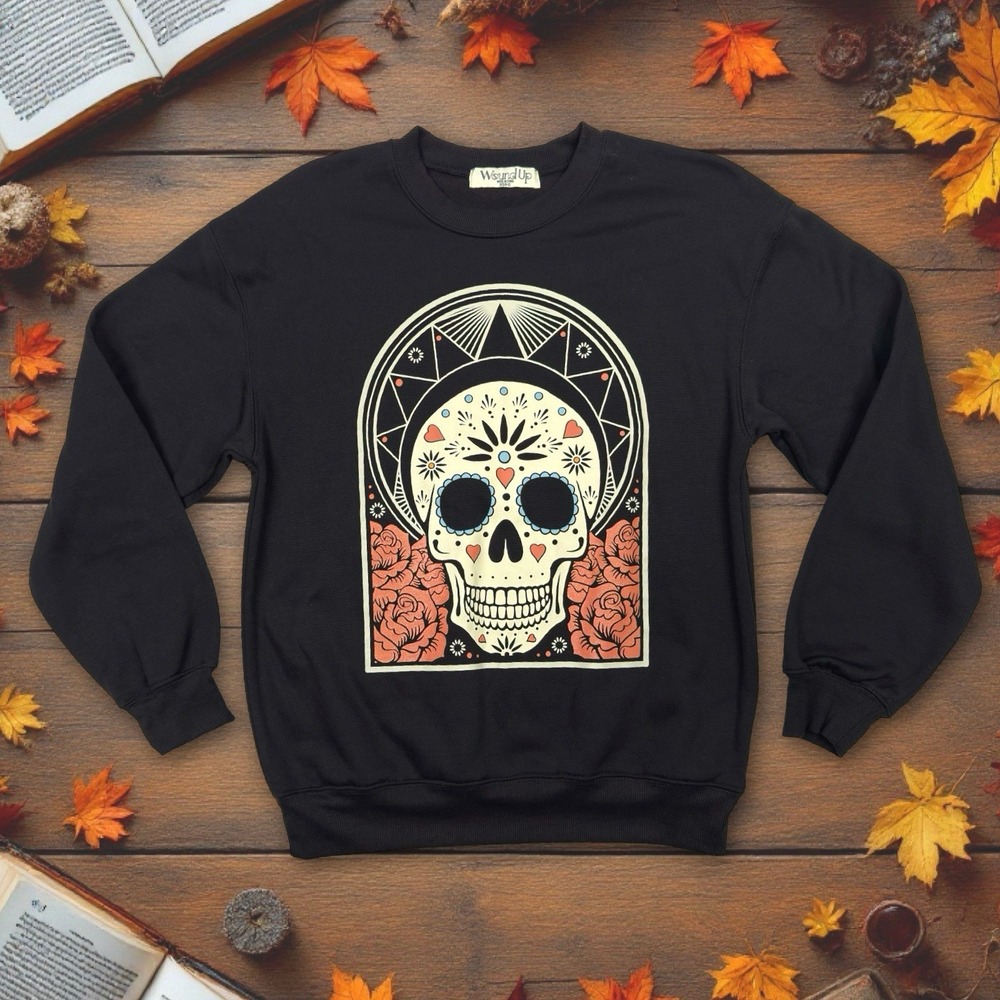 Sugar Skull Pullover Sweatshirt WOMEN'S SM (4-6) Black Day of the Dead Halloween